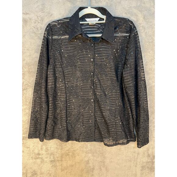 Misook Blouse XL Black Sheer Sequined Bling Textured Office Siren Whimsygoth - Picture 1 of 7